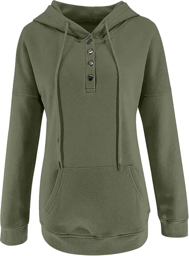 Vista 5 de Ogiraw Sudaderas con capucha para mujer, cuello de botón, con cordón, sudaderas elegantes y casuales de manga larga con bolsillo 2023