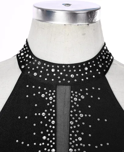 Vista 5 de FEESHOW Women Shiny Rhinestone Lyrical Dance Dress Backless Leotard Dresses Figure Skating Dance Costume