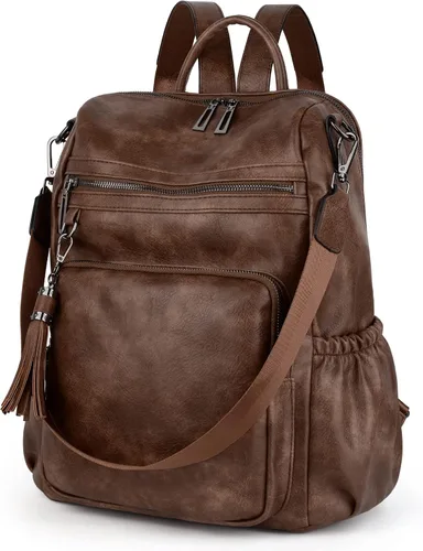Vista 7 de UTO Mochila de cuero vegano para mujer, diseño de moda, convertible con borla, para viajes, con borla