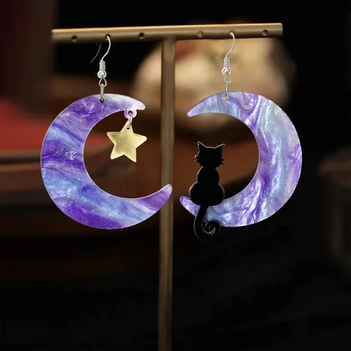 Vista 7 de Aretes colgantes creativos y bonitos de acrílico con diseño de gato negro en la luna morada, delicados, elegantes, encantadores y encantadores