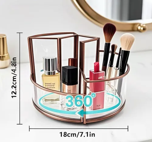 Vista 3 de Soporte para brochas de maquillaje giratorio de 360°, organizador de maquillaje, bandeja de perfume, organizador de baño y almacenamiento