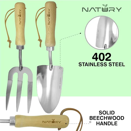 Vista 3 de Juego de herramientas de jardín – Herramientas de mano de jardinería de acero inoxidable premium con mango de madera de haya maciza – Kit