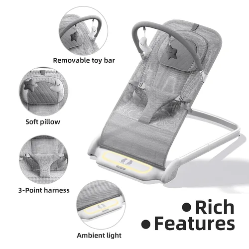 Vista 3 de Derson Bouncer para bebé, asiento portátil para bebés de 0 a 6 meses, silla gorila para bebés recién nacidos con 8 música relajante, plegable