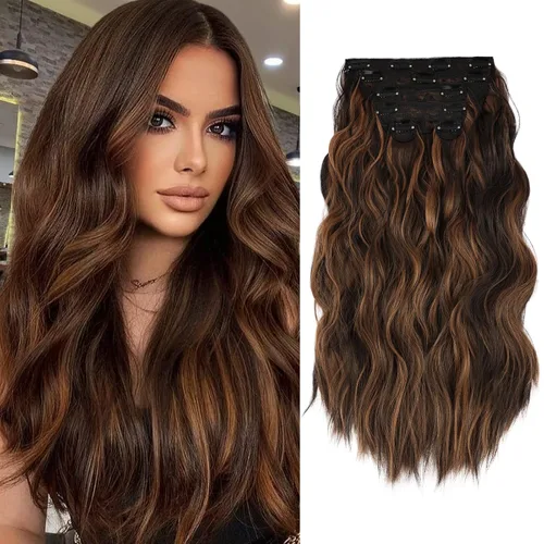 Vista 16 de WECAN Extensión de cabello con clip, de 20 pulgadas, mezcla de rubio ceniza y rubio decolorado, 6 piezas, extensiones de cabello largo ondulado
