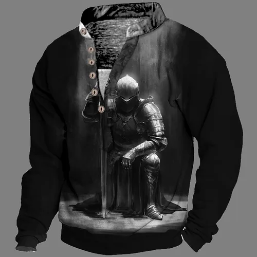 Vista 3 de Men's Medieval Vintage Templar Knight Long Sleeve T Shirt Crusader Printed Henley Shirts