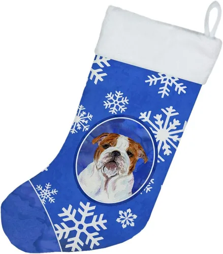 Vista 2 de Caroline's Treasures SS4622-CS Bulldog Inglés Invierno Copos de nieve vacaciones Navidad calcetines colgantes chimenea temporada temporada