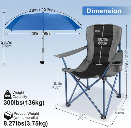 Vista 3 de Paquete de 2 sillas de camping con paraguas ajustable, silla de césped plegable con respaldo de bandera estadounidense, silla de camping acolchada