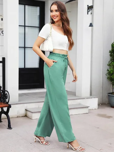 Vista 4 de Pantalones de pierna ancha para mujer, estilo casual, holgados, cintura alta, con cordón, palazzo fowy nudo de corbata, pantalones de descanso
