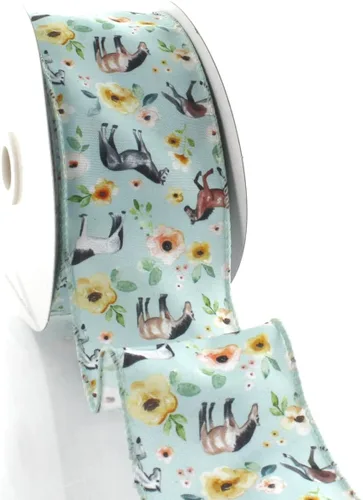 Vista 3 de Cinta con alambre de caballos salvajes florales de 2 1/2 pulgadas por 25 yardas Caballos salvajes florales azules