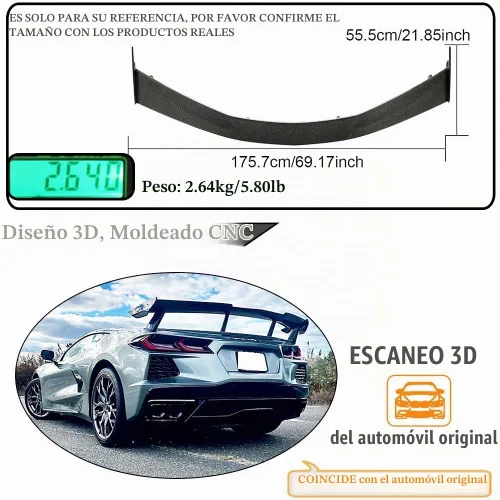 Vista 5 de Alerón trasero de fibra de carbono real para Chevrolet Corvette C8 2020-2025 2-Puertas Alerón trasero de ala alta de fábrica Outlet