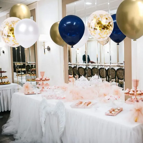 Vista 7 de Globos de confeti azul marino y dorados, 50 unidades de 12 pulgadas, globos de cumpleaños de perla blanca y dorados metálicos cromados