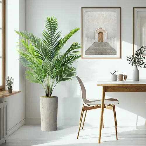 Vista 6 de Árbol artificial en macetero moderno con patrón de remolino, palmera tropical areca artificial de seda para decoración del hogar en interiores
