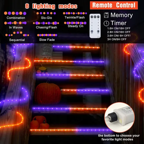 Vista 4 de Guirnalda de luces de Halloween para exteriores, 33 pies, 400 luces LED naranja y morado, luces de tubo impermeables enchufables, 8 modos