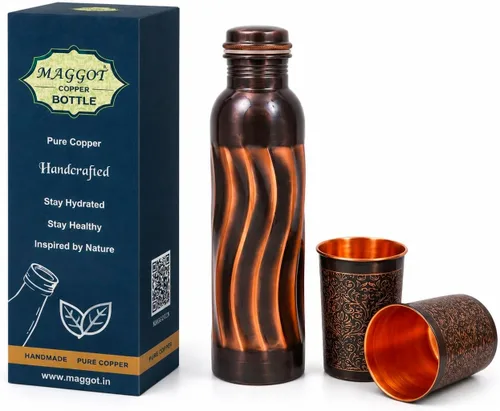 Vista 12 de MAGGOT Copper Water Bottle With 2 Glass Tumbler Ayurvedic Drinking 34 Oz