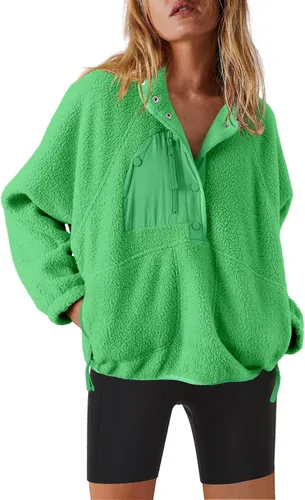 Vista 44 de Nirovien - Chaqueta de forro polar con capucha para mujer, manga larga, sherpa, sudadera mullida, abrigada, con botones y bolsillos Un rosa