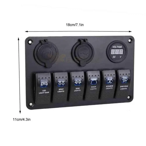 Vista 5 de Panel de interruptores para uso de barcos marinos automotrices con interruptores de 6 cuadrillas Puertos USB duales Medidor de voltaje DC12 24V