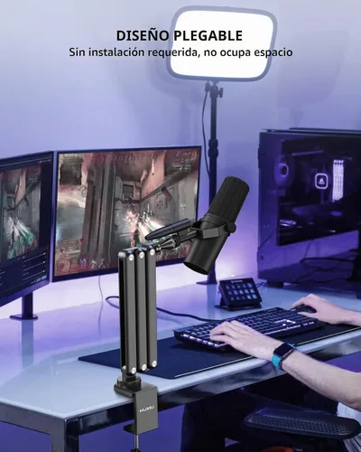 Vista 4 de KU XIU Soporte de micrófono de brazo de aleación de aluminio para escritorio, soporte de brazo de micrófono ajustable de tres secciones con canales
