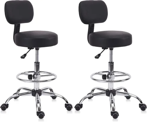 Vista 18 de KLASIKA Taburete con ruedas de respaldo bajo negro, taburetes de tocador de cuero PU, altura ajustable ergonómica giratoria giratoria silla