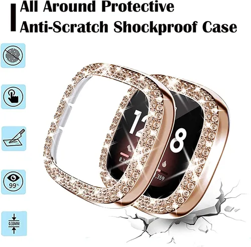 Vista 6 de Correa de cuero compatible con Fitbit Sense 2/Versa 4 para mujeres, elegante correa de cuero con hebilla metálica en forma de D con strass con funda