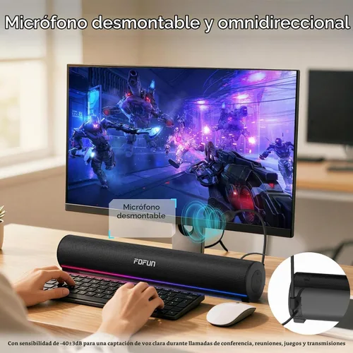 Vista 4 de Barra de sonido para computadora con micrófono ENC desmontable, barra de sonido para juegos de graves mejorados, Bluetooth 6.0, USB-A Plug and Play