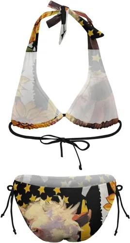 Vista 8 de Traje de baño para adolescentes, sexy, bandera de granja, girasol, 2 piezas, correa ajustable costera