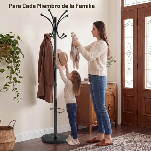 Vista 8 de Perchero de metal independiente con base de mármol natural, perchero Roraty de 360° con 16 ganchos y soporte para paraguas, perchero negro