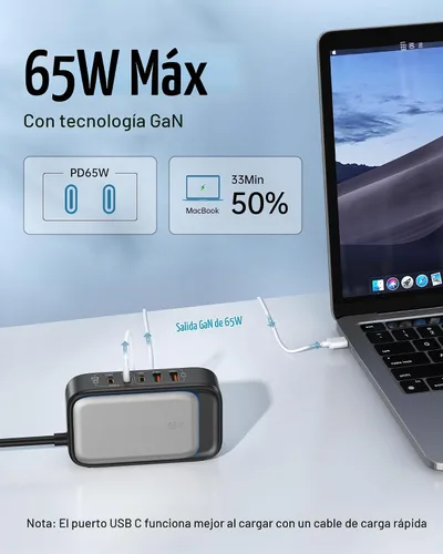 Vista 2 de Regleta de alimentación de viaje, estación de carga USB rápida de 65 W, cargador USB 7 en 1 máximo con 2 tomas, 3 USB C y 2 USB A, cable