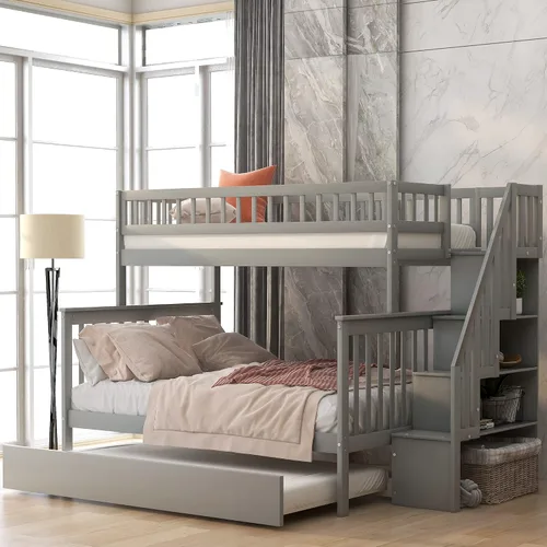 Vista 3 de Harper & Bright Designs - Literas de madera individual sobre matrimonial con nido, marco de cama de madera maciza con estante de almacenamiento