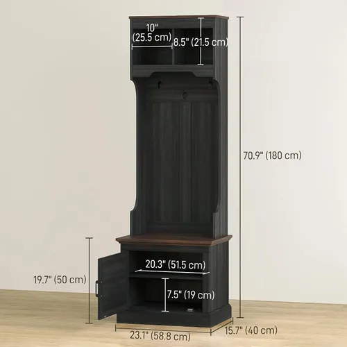 Vista 7 de HOMCOM Árbol de pasillo con almacenamiento de zapatos, perchero de entrada Grano de madera negro