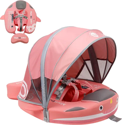 Vista 8 de Mambobaby Flotador para bebé con toldo y cola, flotador no inflable para piscina, correa de seguridad ajustable, entrenador de natación para niños