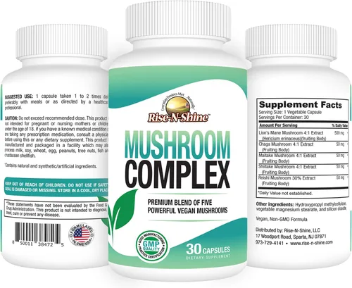 Vista 2 de RISE-N-SHINE Suplemento complejo de hongos para claridad y concentración – Apoyo inmunológico con melena de león, reishi, hongos, chaga, maitake