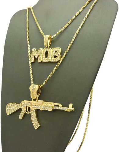 Vista 4 de Shiny Jewelers USA Juego de collar de cadena con colgante para hombre, pistola AK 47 picador pulgar, vida, Metal, Circonia cúbica