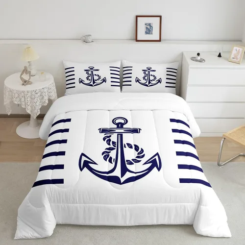 Vista 11 de Juego de edredón de brújula azul marino, tamaño individual, 2 piezas, diseño náutico de vela, estilo simple, para niños, adolescentes, adultos