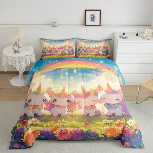 Vista 2 de Castle Fairy Juego de edredón de unicornio tamaño individual, reversible, lindo unicornio, arcoíris, caricatura, caballos, animales, para niños