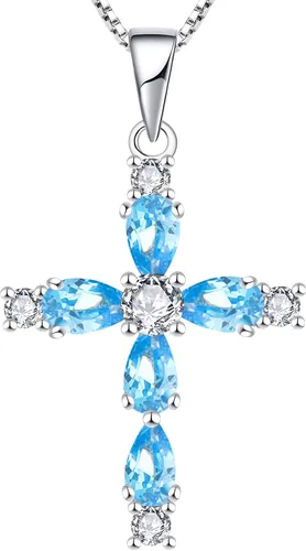 Vista 61 de YL Collar de cruz de plata de ley 925 con colgante de piedra natal religiosa para mujer