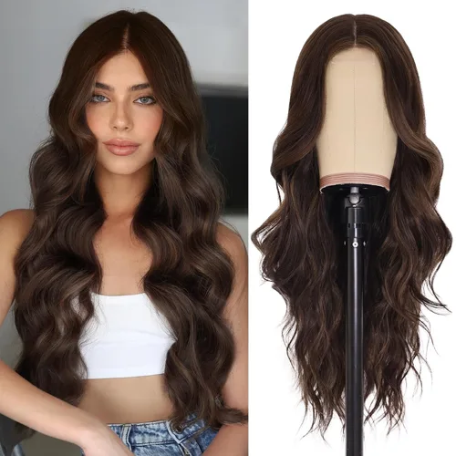 Vista 43 de NAYOO Peluca larga ondulada rubia ombré para mujer, de 26 pulgadas, parte media, rizada, ondulada, de aspecto natural, fibra sintética resistente al