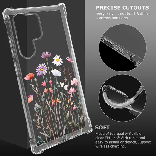 Vista 4 de FL-37 - Funda transparente floral para Galaxy S23 Ultra 5G para mujeres/niñas, bonita funda de teléfono para Samsung Galaxy S23 Ultra, diseño