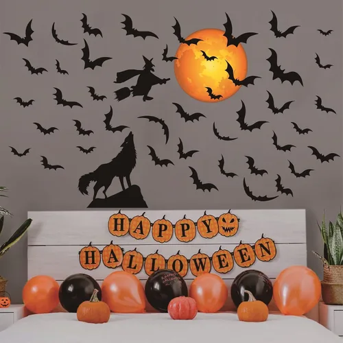 Vista 6 de Calcomanías de pared de luna de Halloween, calcomanías de murciélago de bruja, calcomanías de pared de lobo removibles para despegar y pegar