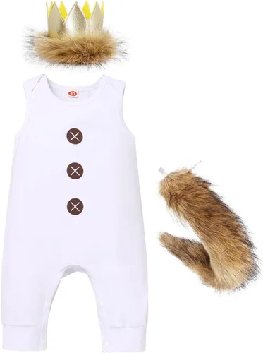 Vista 2 de FYMNSI Traje de bebé niño para un primer cumpleaños, mameluco de león + diadema con corona + cola de Halloween, disfraz de pastel para sesión