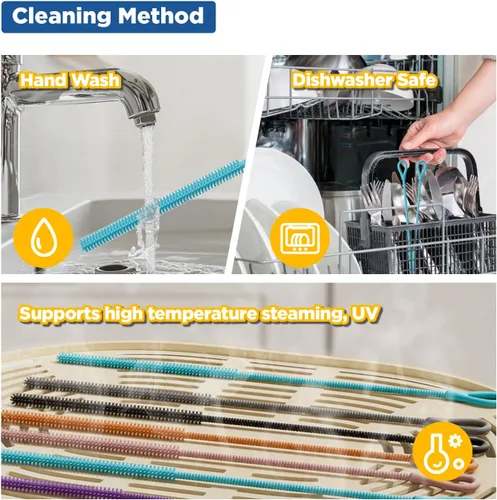Vista 5 de YOTIME Cepillo Limpiador de Pajitas de Silicona, 2 Piezas Cepillo Reutilizable para Pajitas Extra Largo para Limpiar Vaso con Mango y Pajitas