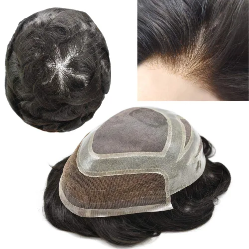 Vista 15 de Sistema de reemplazo de cabello humano para hombre, sistema de cabello fino mono para hombre, pelo de tupé recubierto de poliuretano para hombres