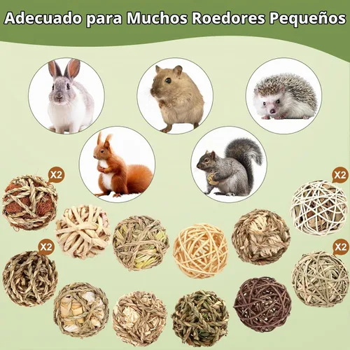 Vista 6 de Bolas de hierba masticables de conejito, juguetes masticables rodantes para animales pequeños, mejora la salud dental, juguetes masticables