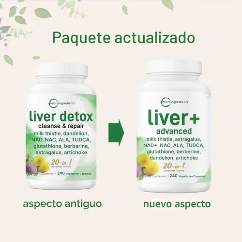 Vista 3 de Liver Advanced+, 240 cápsulas vegetales Complejo 20 en 1 con cardo mariano, diente de león, NAD, NAC, ALA, TUDCA, glutatión, alcachofa, cúrcuma