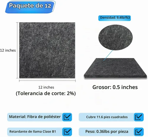 Vista 2 de BXI Paneles acústicos gruesos que absorben el sonido, paquete de 12 paneles acústicos densos de 12 x 12 x 0.5 pulgadas, paneles de sonido que