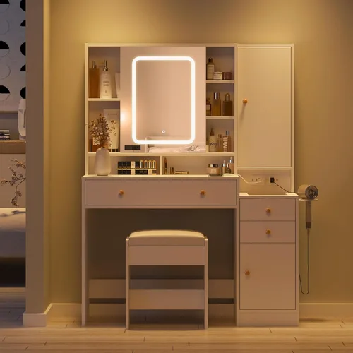 Vista 9 de Halitaa Escritorio de tocador con espejo y luces, mesa de tocador con parte superior de cristal, tocador de maquillaje con luces, estación de carga
