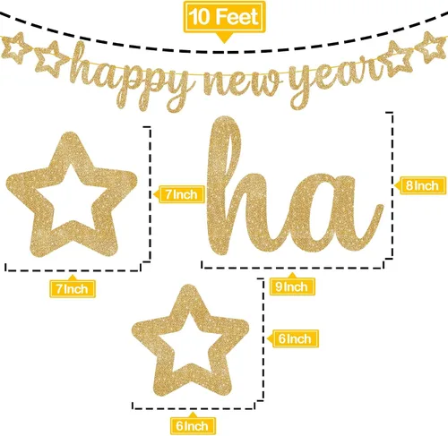 Vista 4 de KatchOn, Cartel dorado de feliz año nuevo – 10 pies, pre-encordado Cartel de feliz año nuevo con purpurina para decoraciones de Año Nuevo 2026