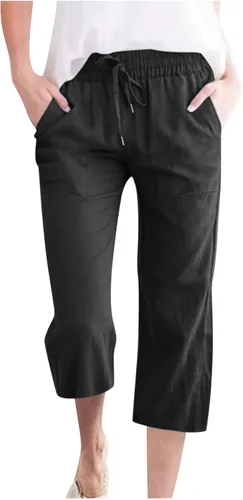 Vista 16 de Ceboyel Pantalones capri para mujer para verano, cintura elástica, pantalones de yoga, con cordón, pantalones de lino, pantalones de entrenamiento