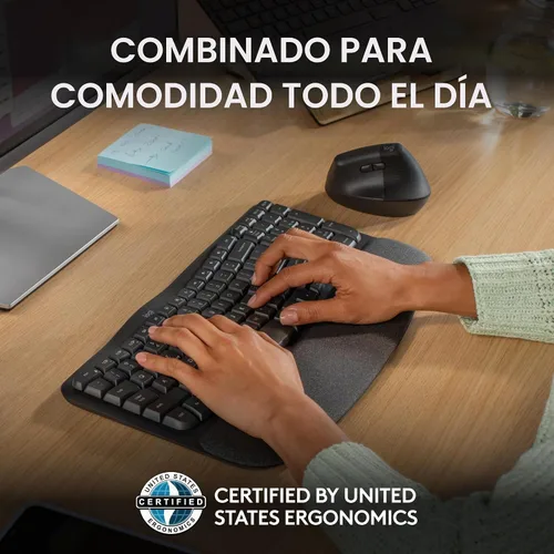 Vista 3 de Logitech Wave Keys - Teclado ergonómico inalámbrico con reposamanos acolchado para múltiples sistemas operativos + mouse Lift ergonómico vertical