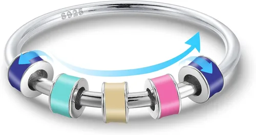Vista 4 de LOVECOM Anillo giratorio de plata de ley 925 con cuentas esmaltadas coloridas para mujer, anillo giratorio antiansiedad, giratorio, apilable