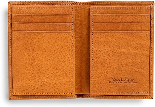 Vista 2 de VASA - Carteras verticales de cuero de grano superior de coñac para hombre, billetera plegable minimalista de lujo europea con RFID y soporte